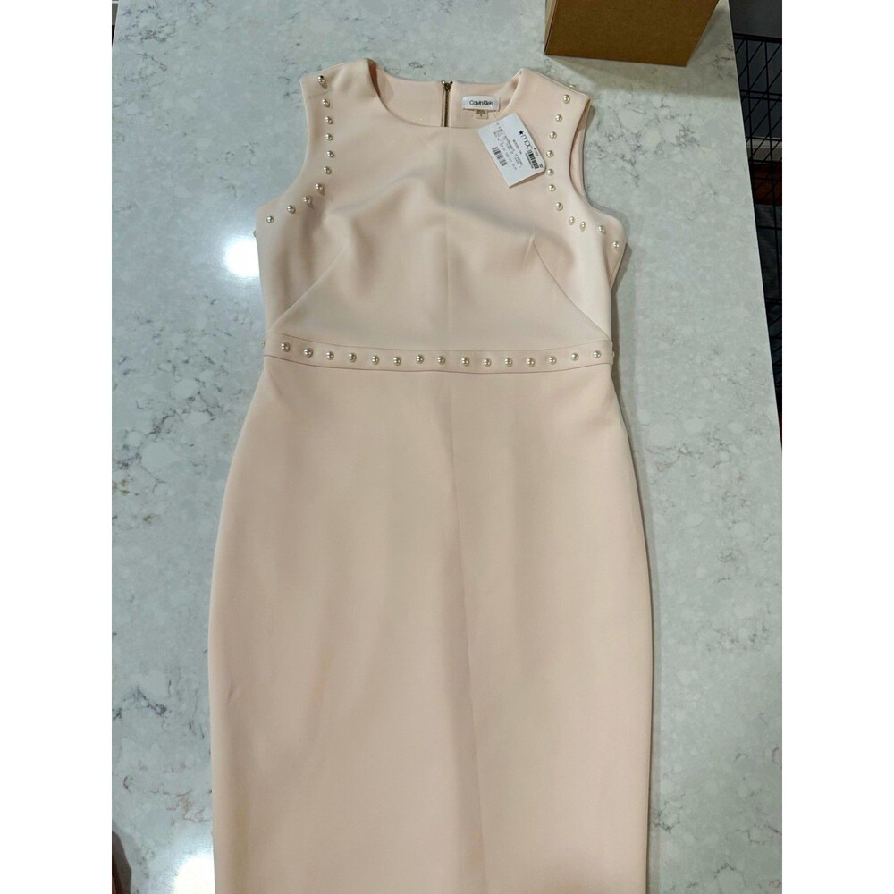 NWT Calvin Klein White Pearl Sheath Dress 12 Round Neck Sleeveless Zip